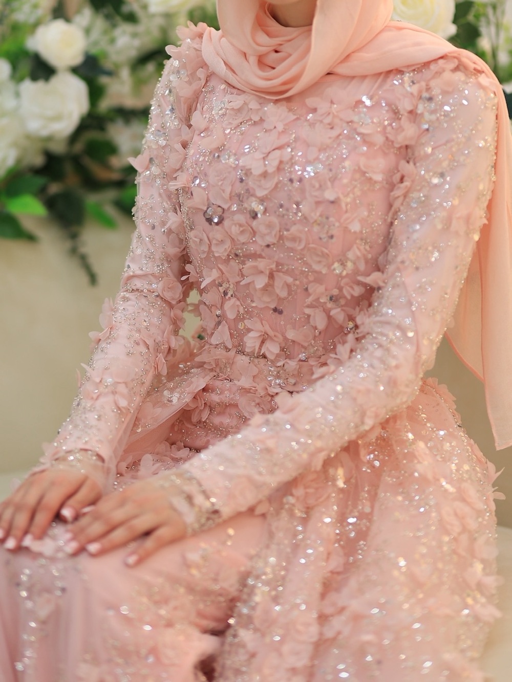 Teuta Matoshi Blush Pink 3D Floral Long Sleeve Gown - Picture 3 of 12